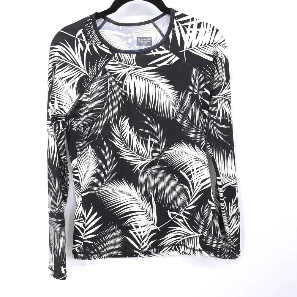 Athleta Rash Guard Women Small Black White Tropical Palm Leaf Long Sleeve Top